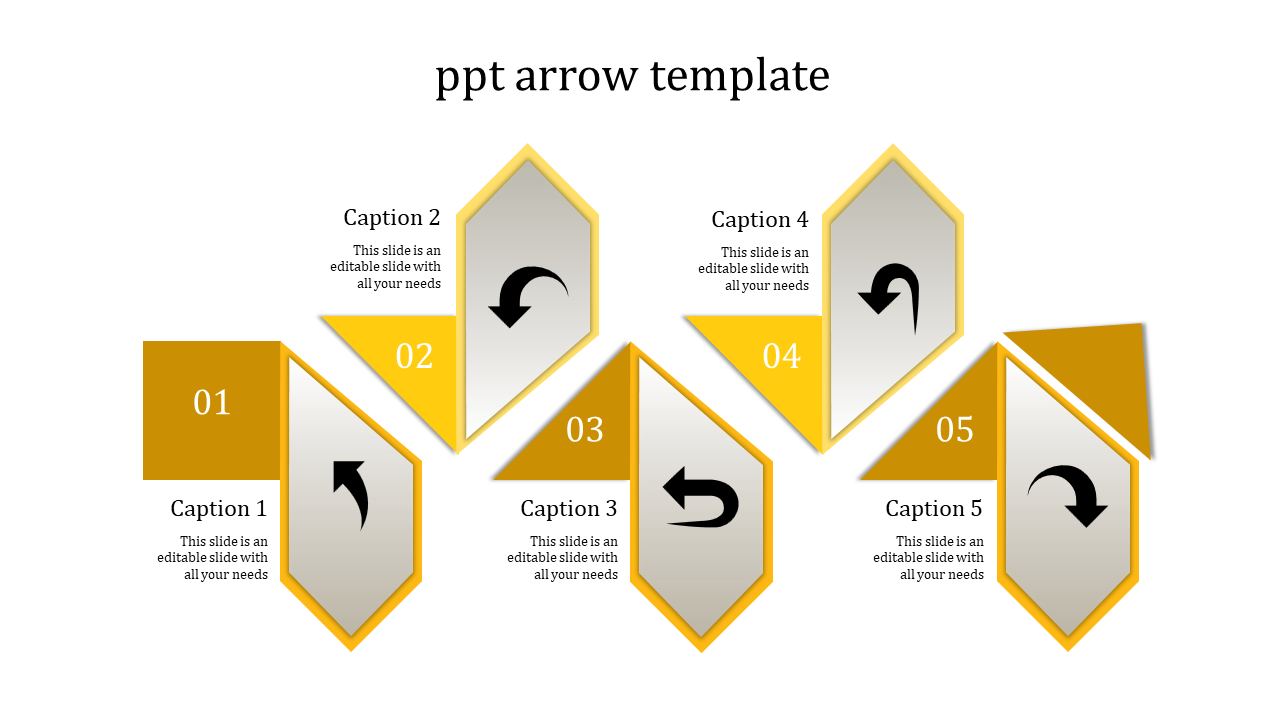 Arrow template with five gold and yellow arrow-shaped boxes showing numbered steps placed in white backdrop.