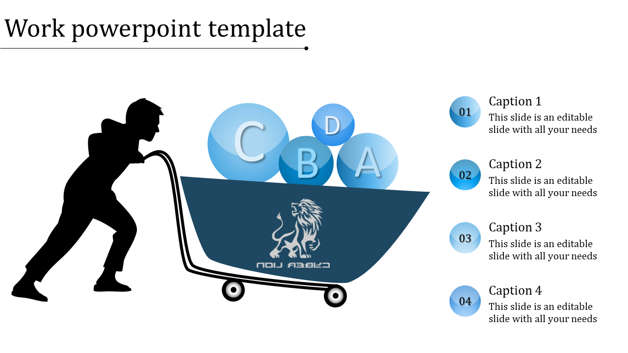 Blue themed work slide showing a person pushing a cart with labeled balls and a lion graphic, with captions on th right.
