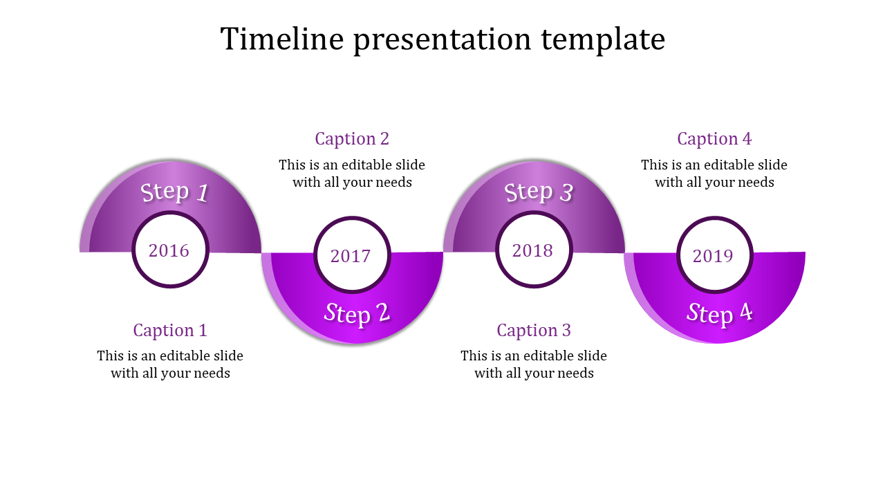 Purple timeline design with four semi circle steps labeled 2016 to 2019, each Paired with captions.