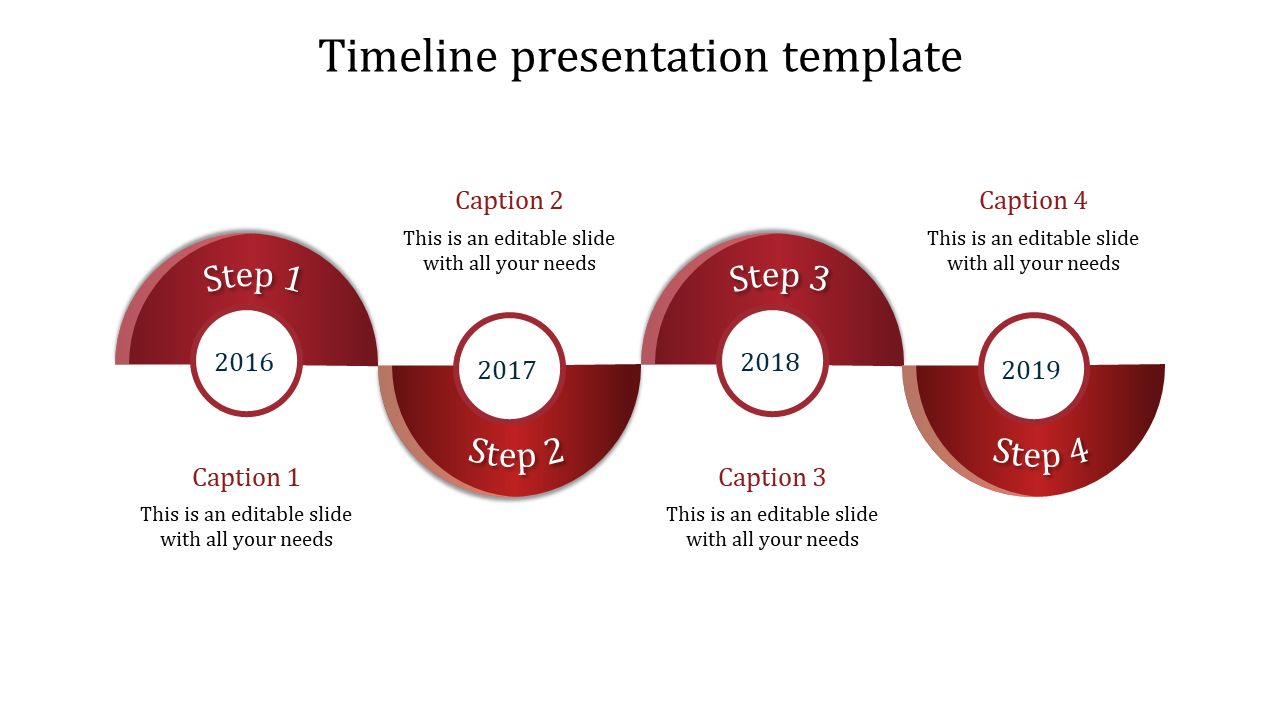 Red themed timeline PowerPoint template with circular steps for 2016 to 2019, featuring captions.