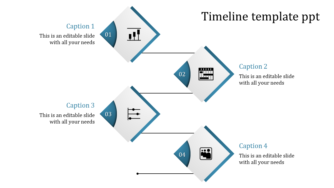 Timeline with four diamond shapes in blue and white, connected by lines and captions aligned on alternate sides.