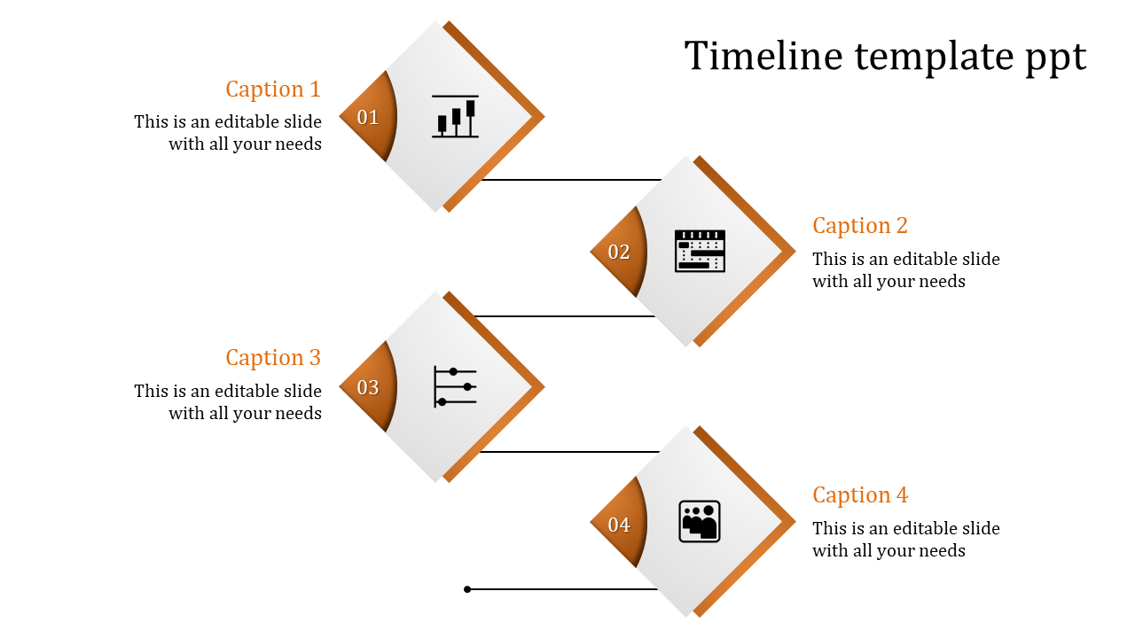 Business timeline template with four staggered diamonds containing step numbers, icons, and caption areas.
