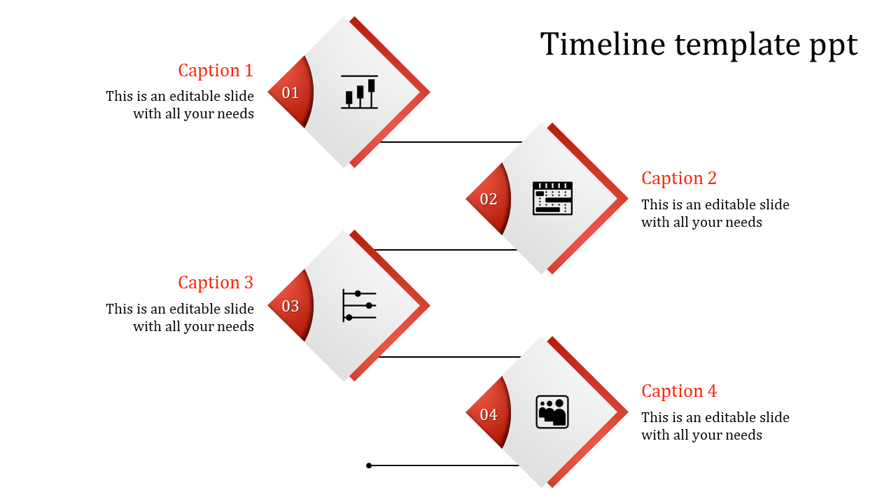 Timeline PPT template featuring four red diamond icons representing a graph, calendar, slider, and team with captions.