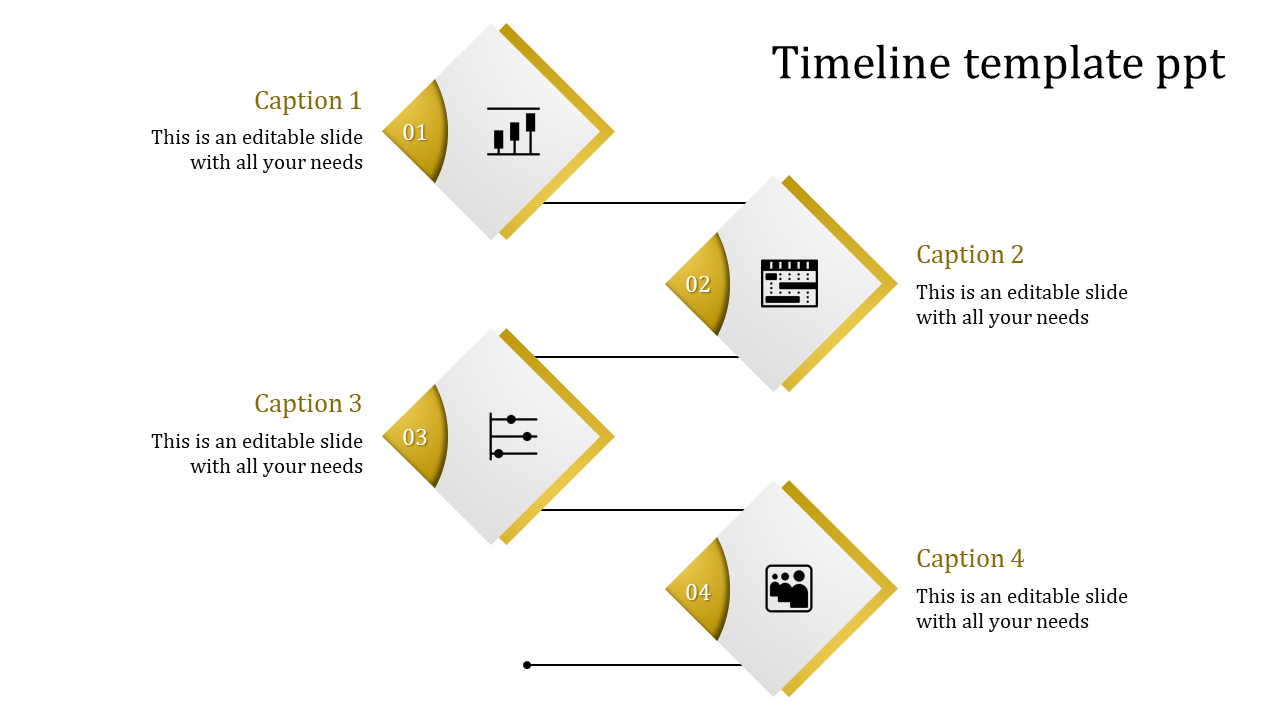 Yellow and white diamond shaped timeline design with icons, four numbered steps, and captions placed alternately.