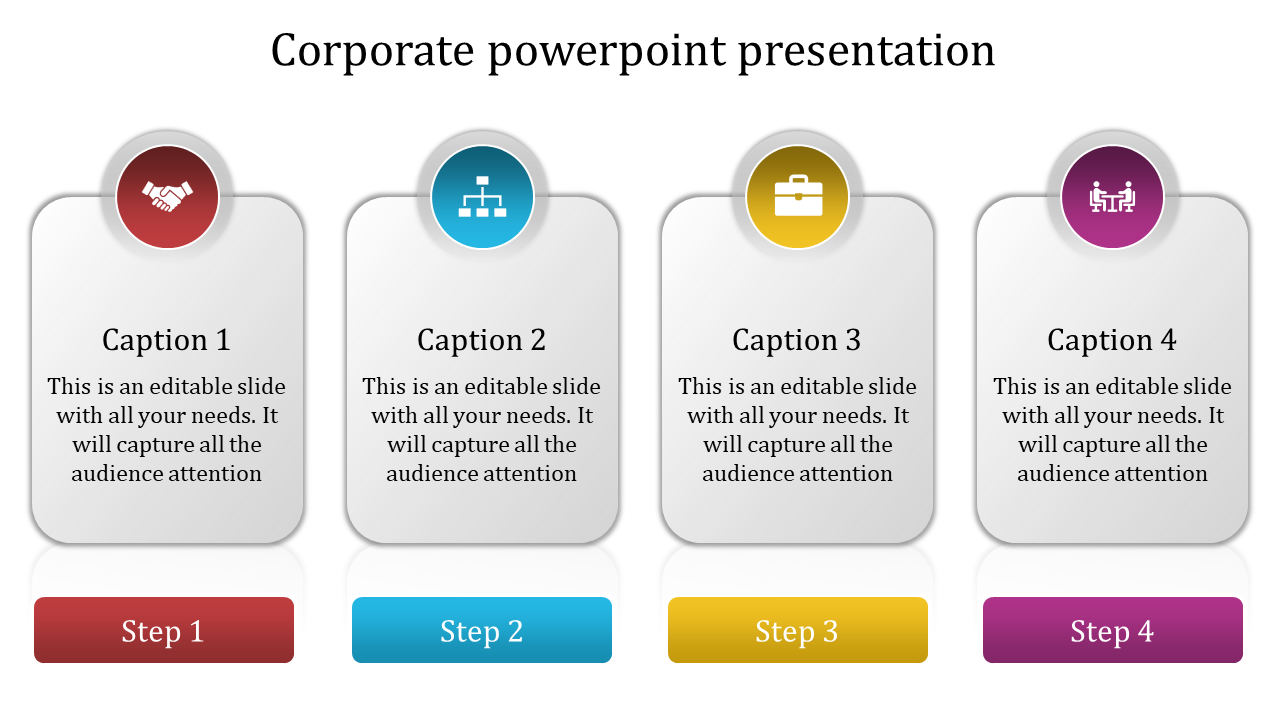 Corporate PowerPoint presentation template with four icons and steps, each representing different stages of a process.