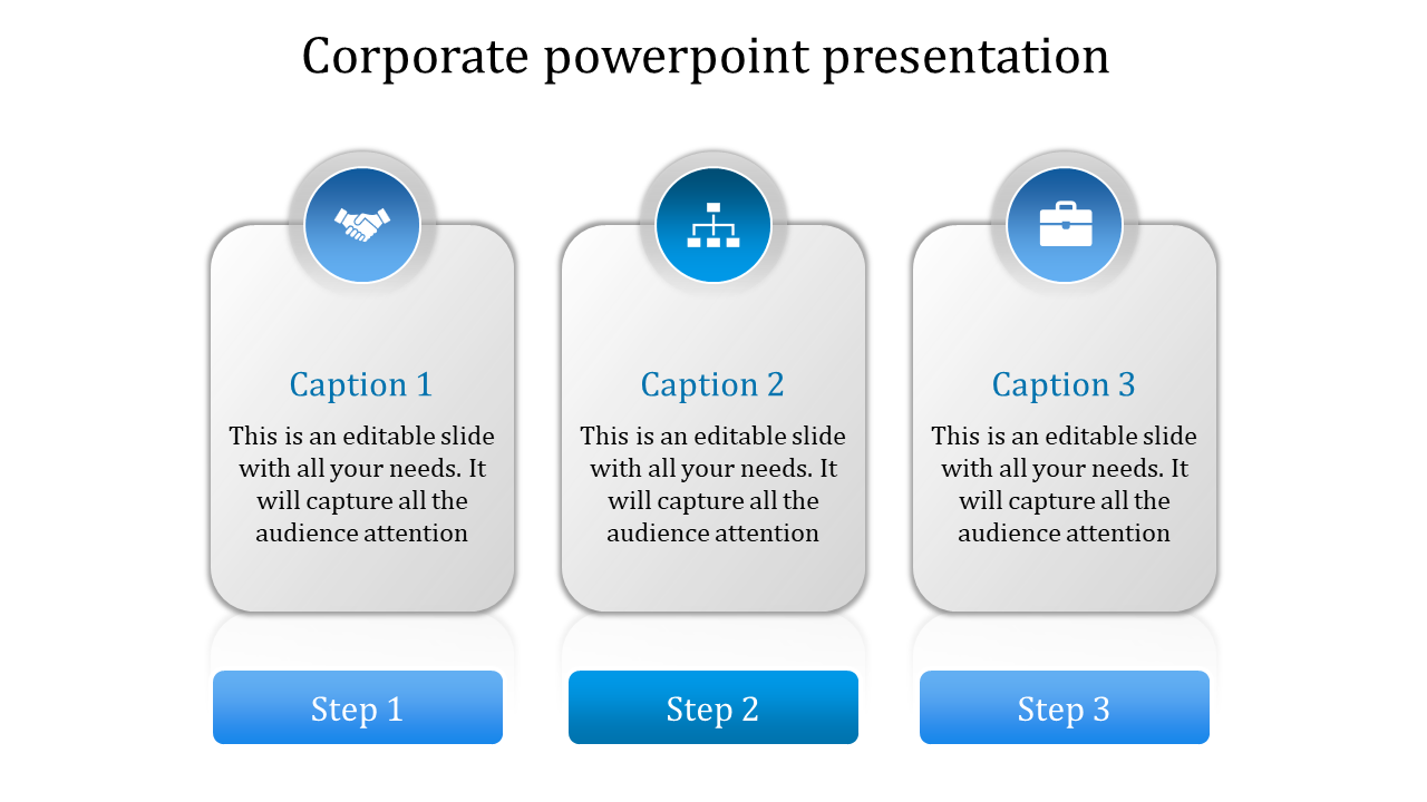 Corporate slide with three gradient boxes, each containing an icon, caption, and blue step button below.