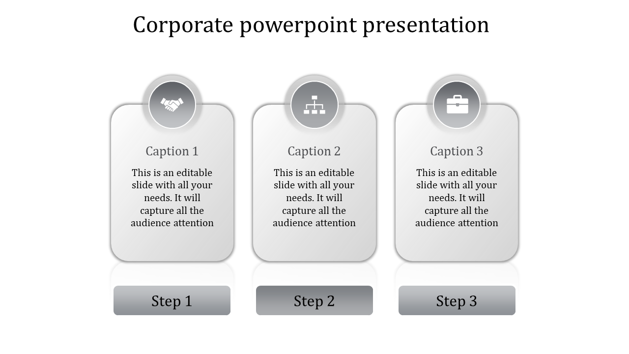 Three gray rectangular cards with rounded edges displaying captions, icons on top, and steps labeled below.