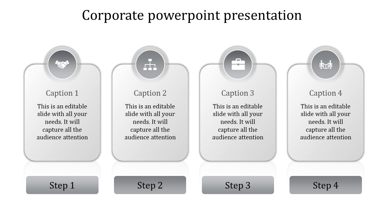 Corporate PPT slide featuring four steps with icons for handshake, organization, briefcase, and meeting with captions.
