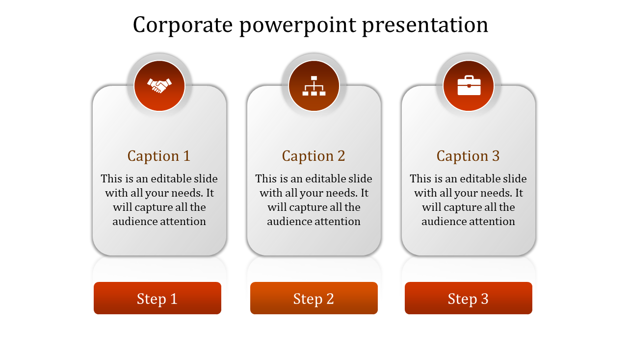 Corporate PowerPoint presentation template with three steps, each featuring an icon for handshake, structure, and briefcase.