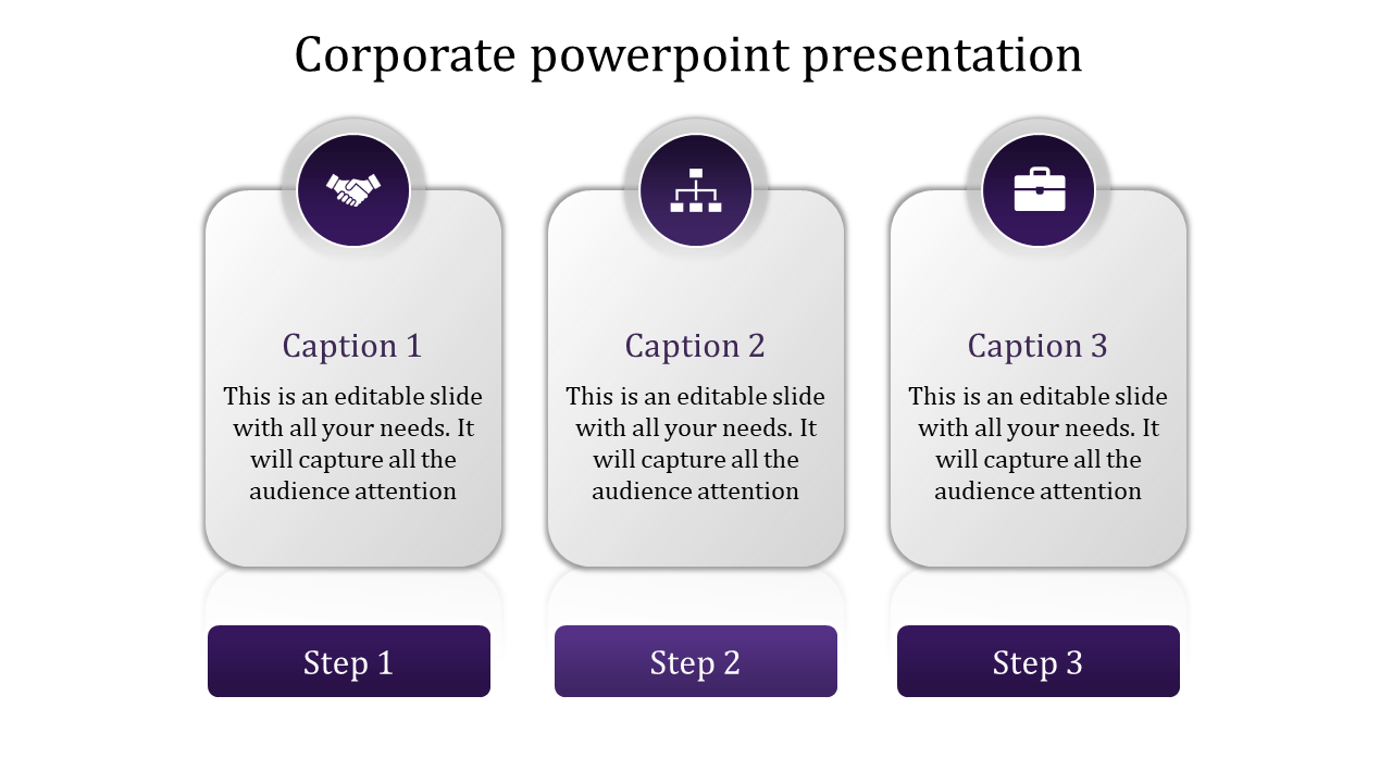 Corporate slide with three vertically aligned glossy gray boxes, each featuring a purple circular icon at the top.