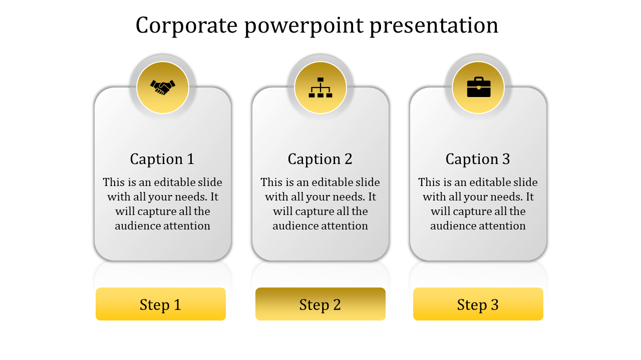 Corporate PowerPoint slide with three sections, each containing a caption and step button.