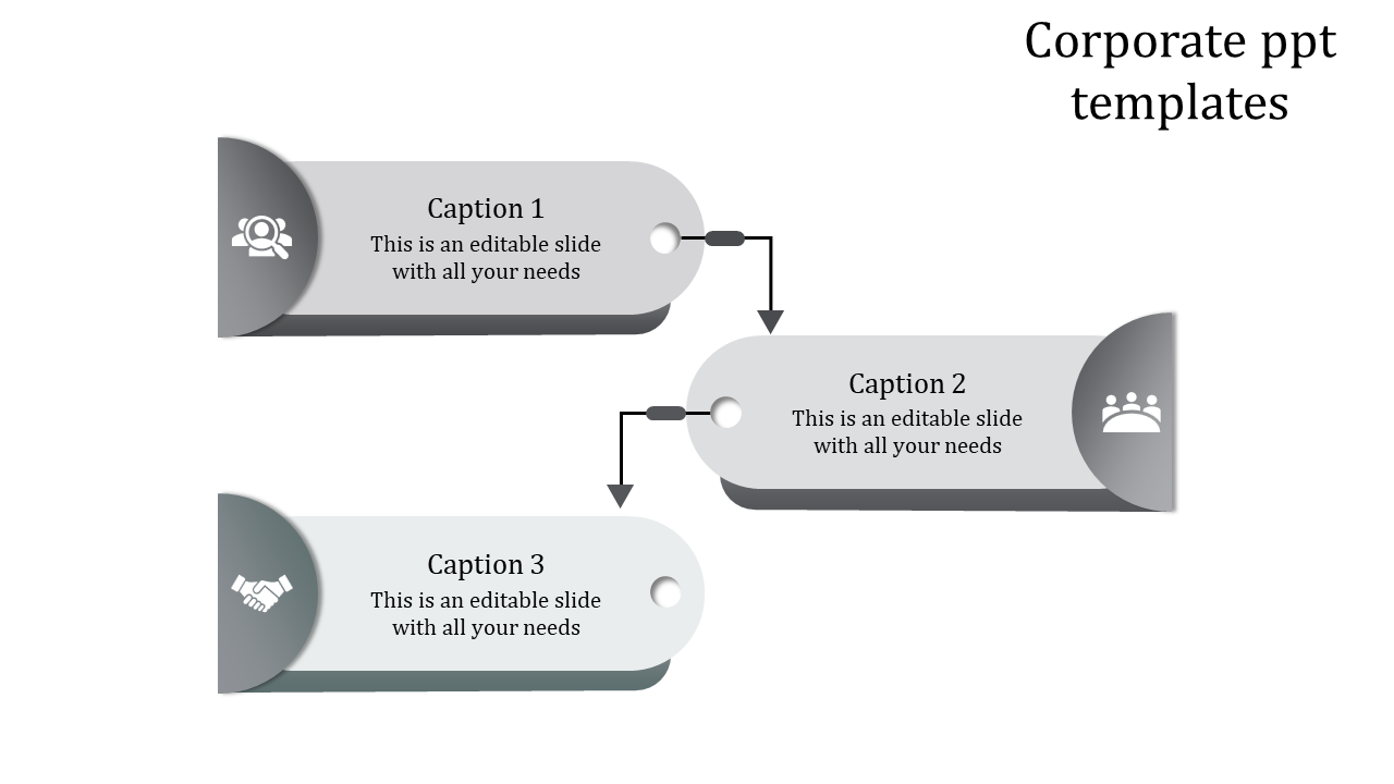 Corporate PowerPoint template with sections and arrows pointing downwards, each with an icon and description in grayscale.