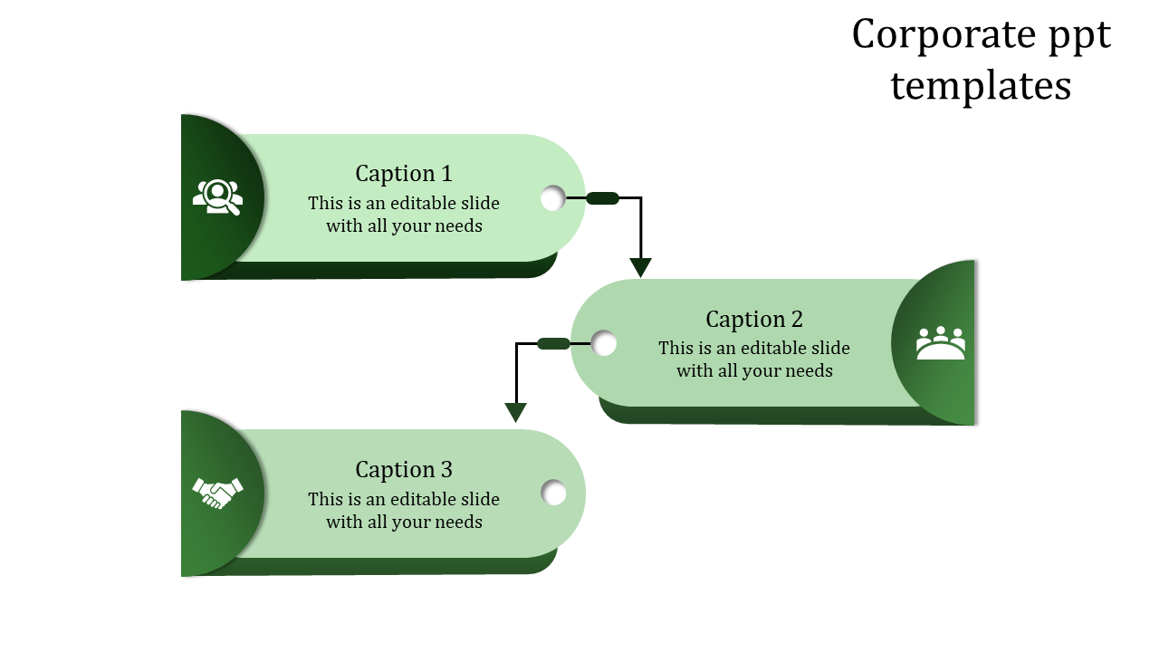 Corporate template displaying three linked steps with soft green tones, business-related icons, and directional connectors.