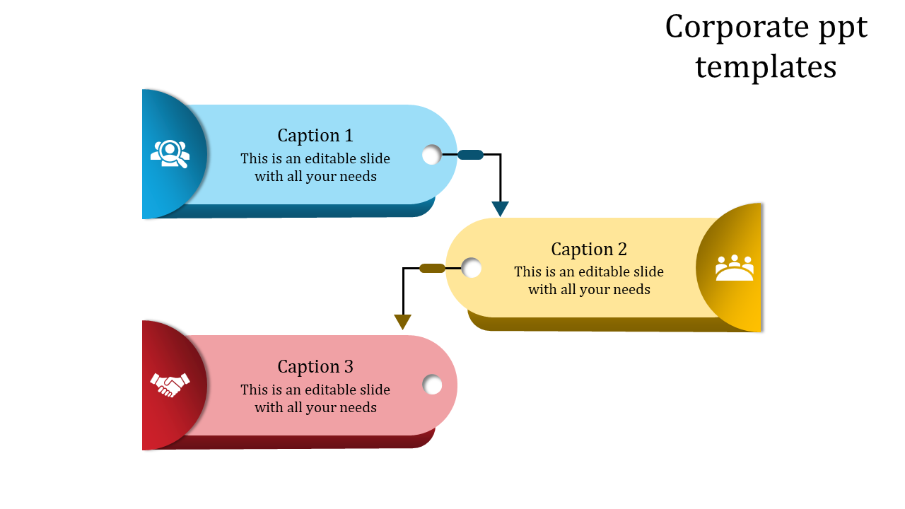 Corporate PPT slide with three colorful sections, each containing a caption and an icon with arrows connecting them.