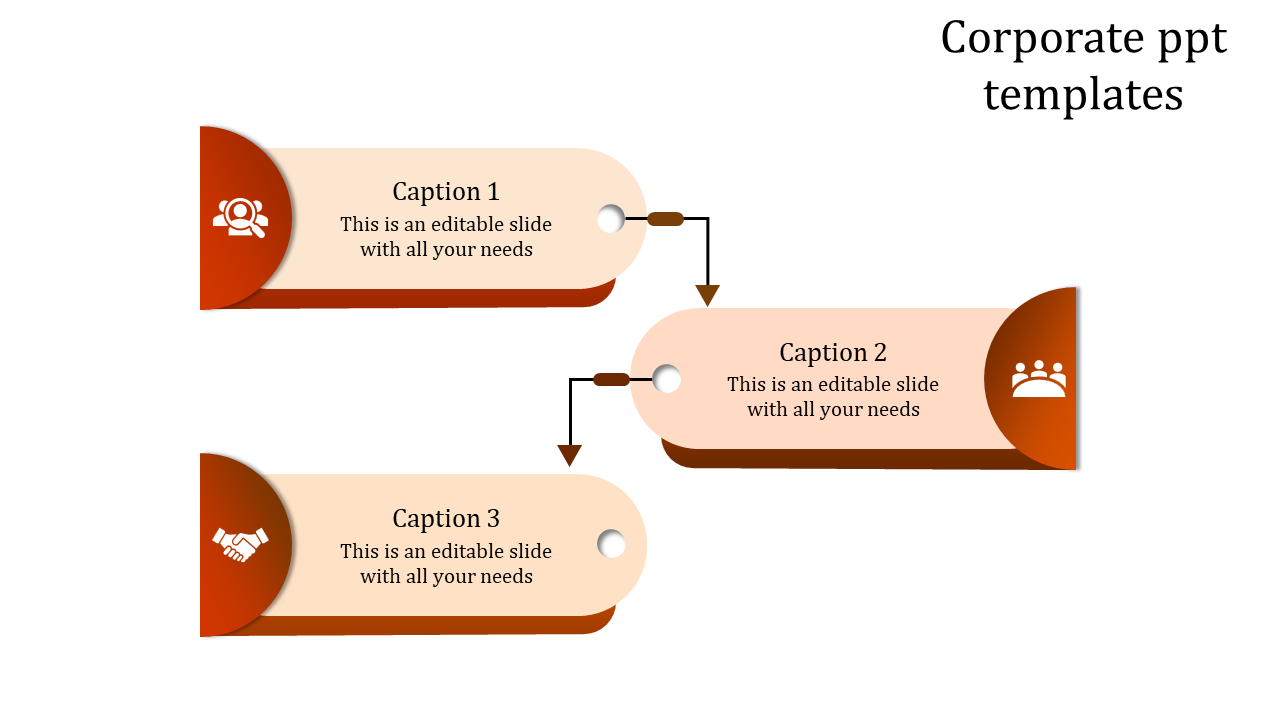 Modern corporate slide design, featuring three interlinked steps with orange gradient accents and white business icons.