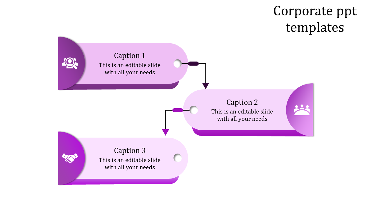Creative corporate slide template, showcasing a diagram with arrows connecting pink and purple labels with business icons.