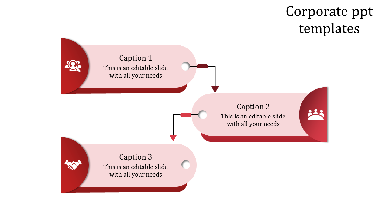 Corporate PPT slide with red arrows and icons, showing sections for caption and content on various business steps.