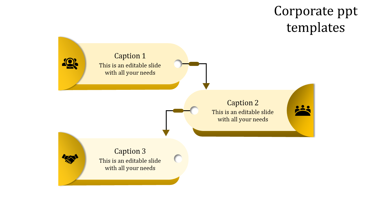 Corporate PowerPoint slide with three caption boxes in golden hues, featuring icons for search, handshake, and people.
