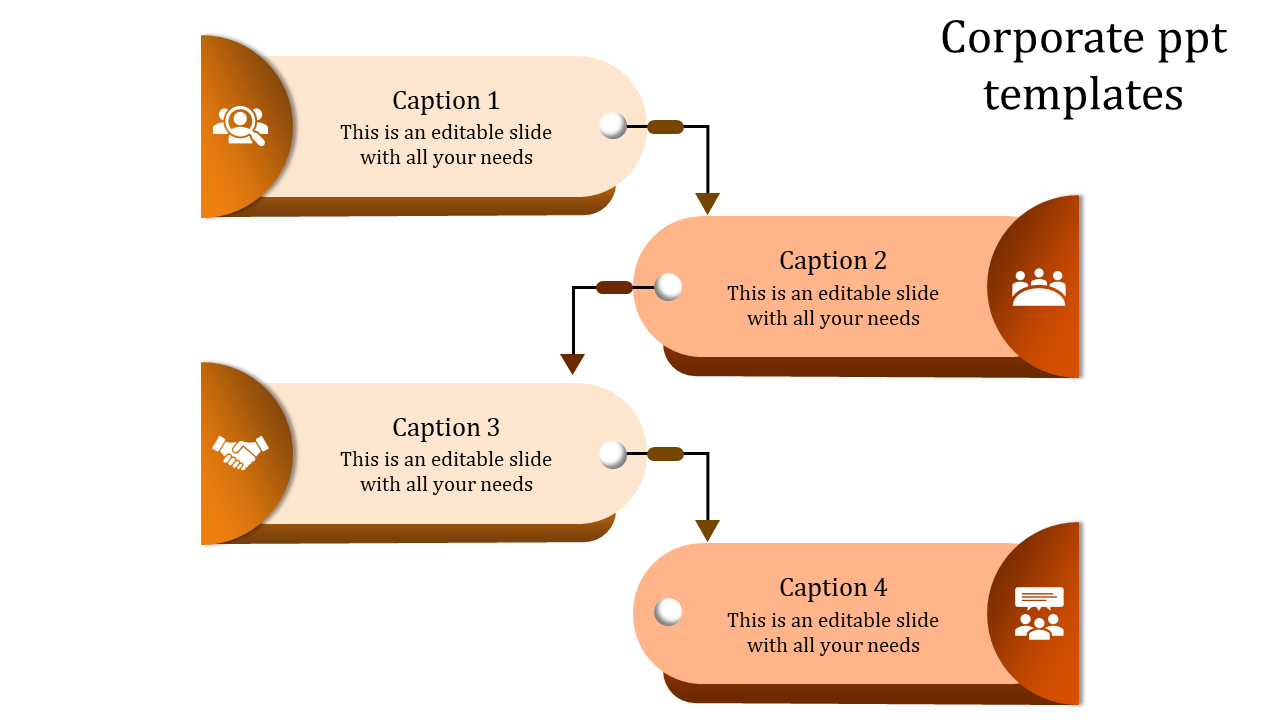 Corporate PPT slide featuring four caption sections with icons, arranged vertically with arrows connecting them.