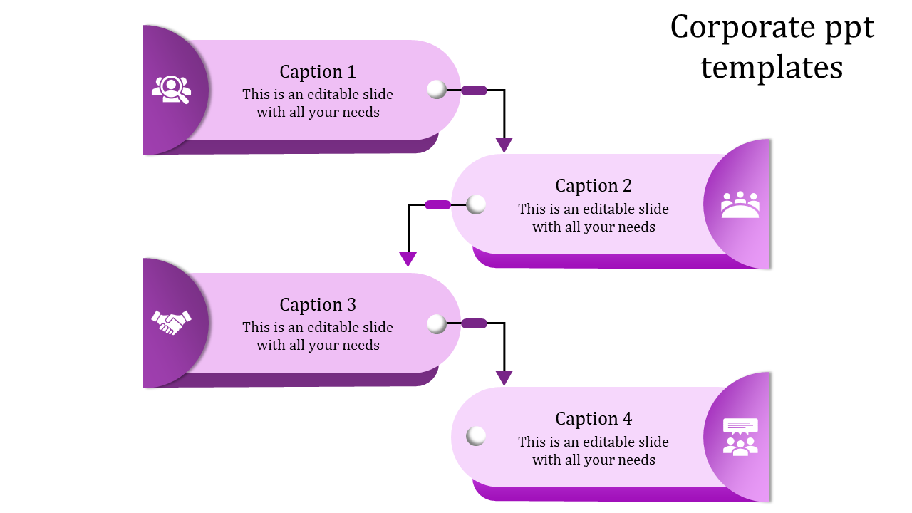 Corporate slide with structured flow, using interconnected banners with captions, directional arrows, and placeholder text.