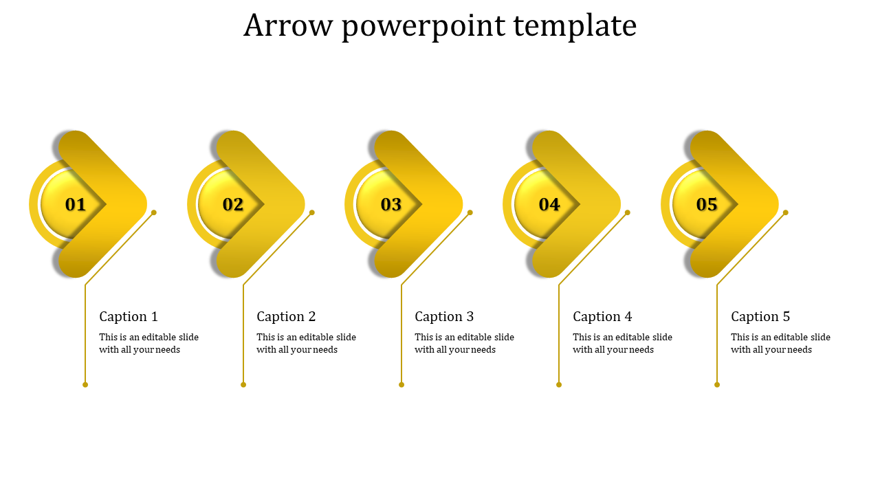 Slide with five yellow arrows pointing right, each containing numbers 01 to 05, paired with captions below.