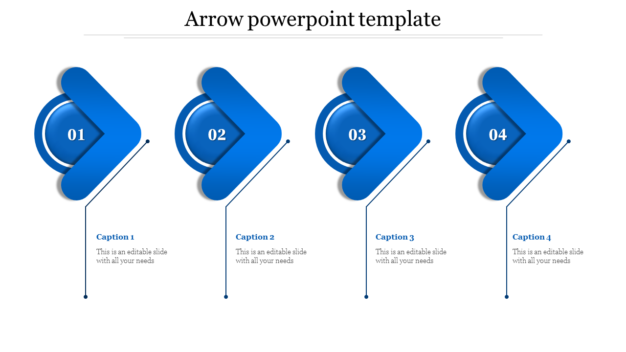 Four-step blue arrow infographic, each step numbered from 01 to 04, with captions below connected by thin lines.