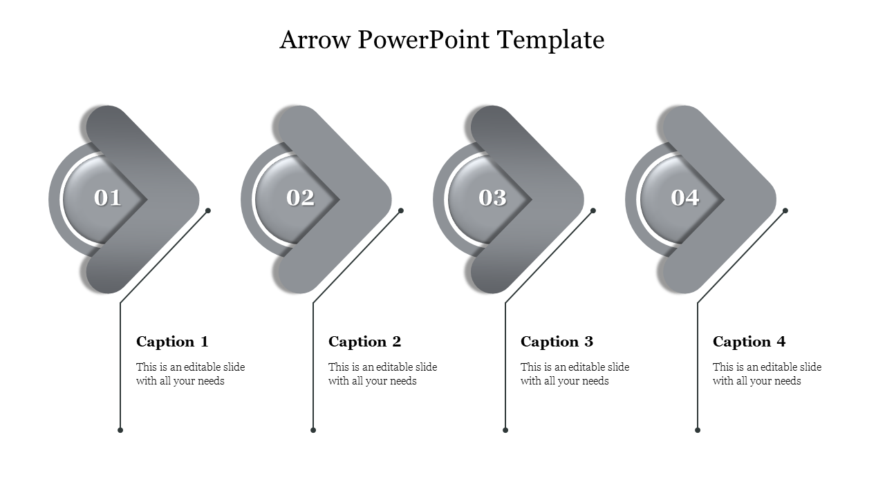 Four gray arrow shapes pointing right with numbered circles, each linked to captions below by thin lines.