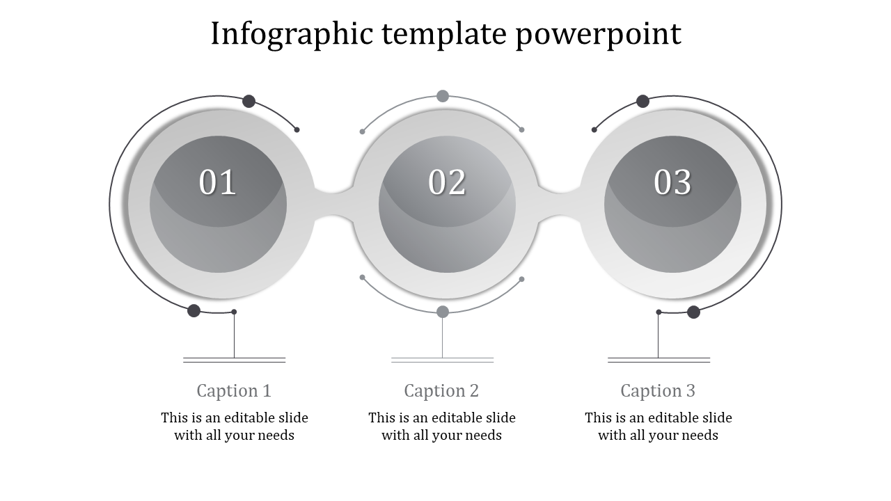 An infographic PPT template with three connected numbered circles and captions with placeholder text.