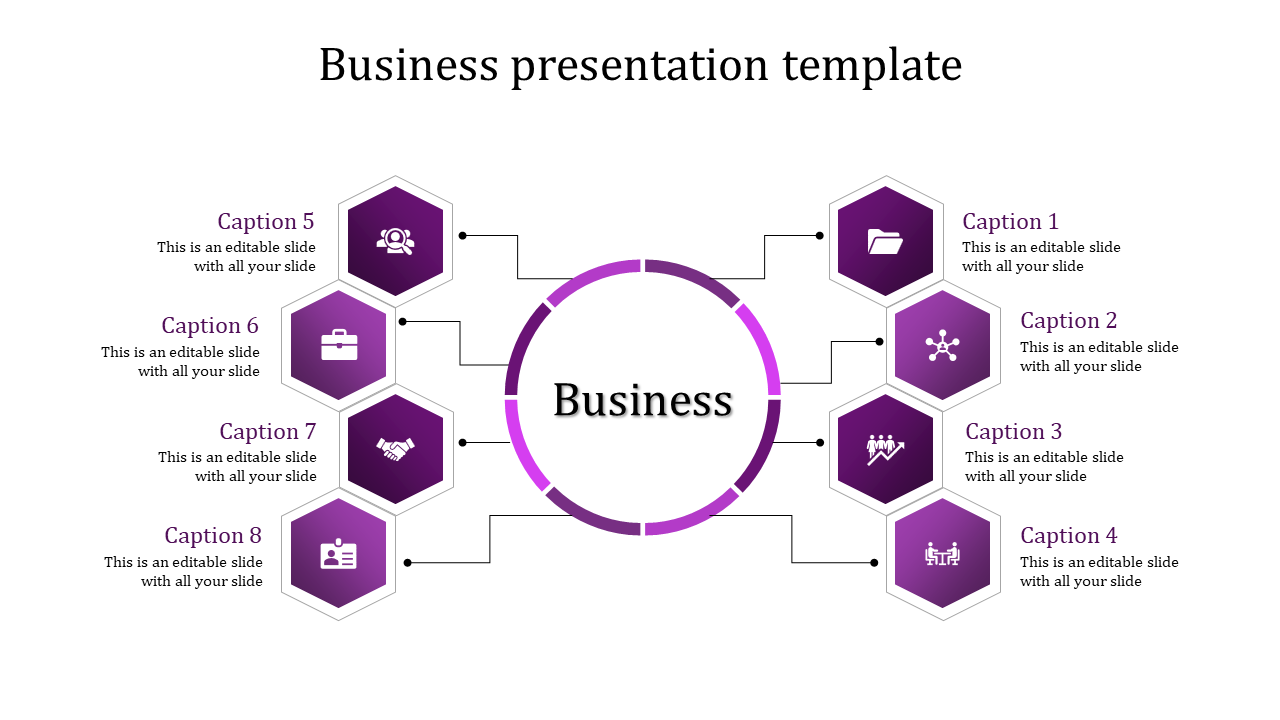 Business strategy diagram illustrating key business element using eight labeled hexagonal purple nodes connected to a circle.