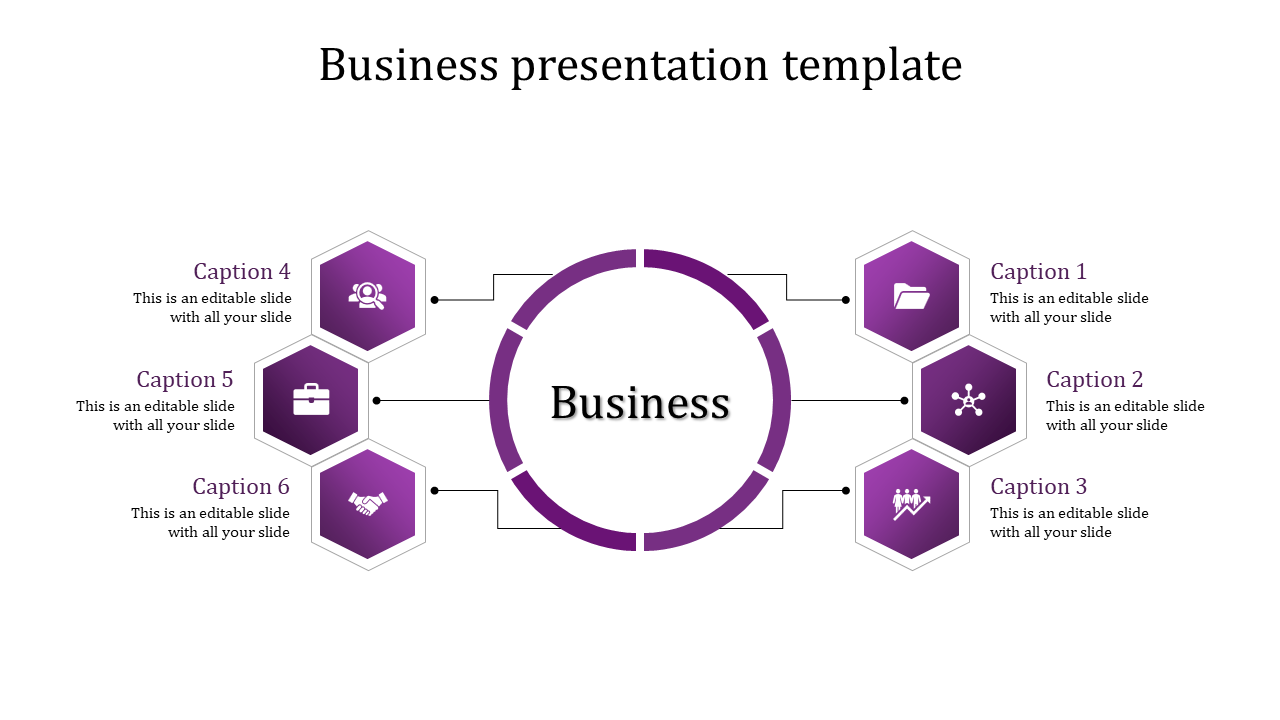 Slide showing a circular business center with six surrounding purple hexagons containing icons and text.