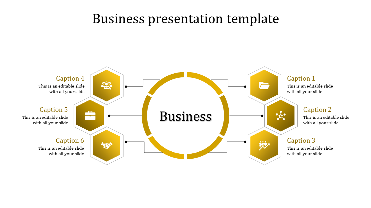 Yellow themed business template featuring a central circle linked to six hexagonal elements with captions and icons.