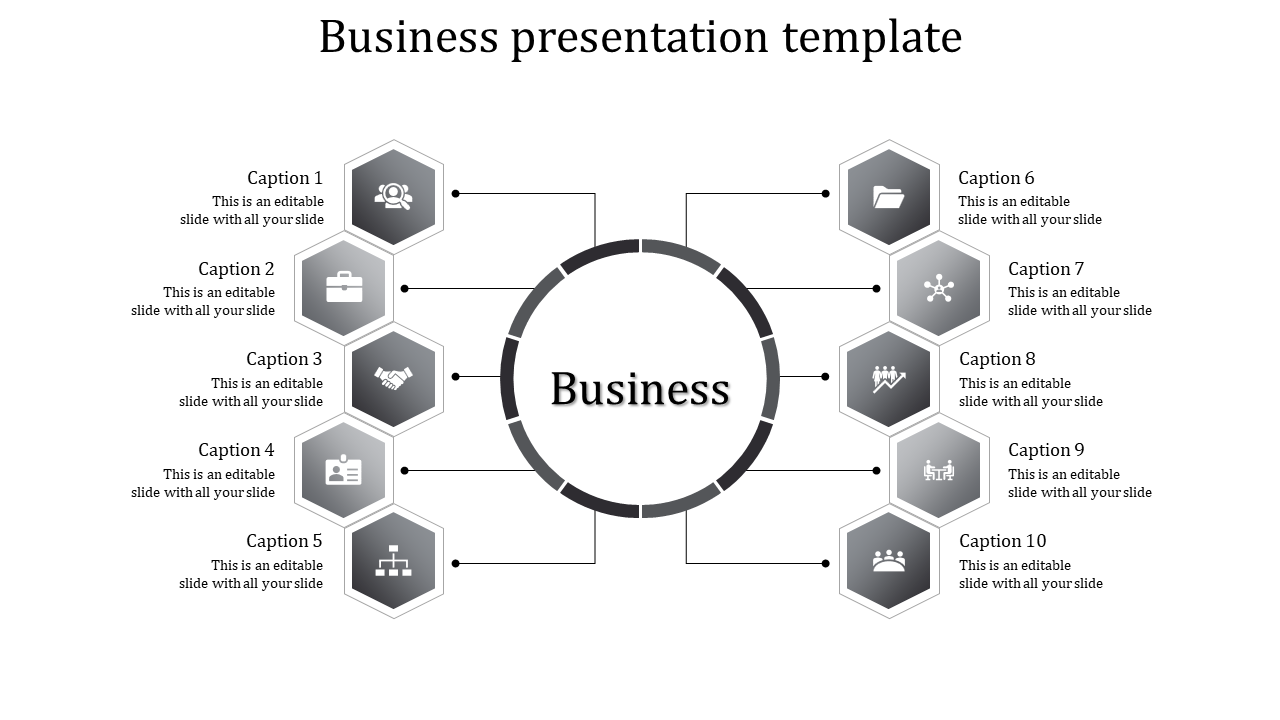 Business network diagram with a central concept surrounded by ten gray hexagonal elements, each containing an icon.