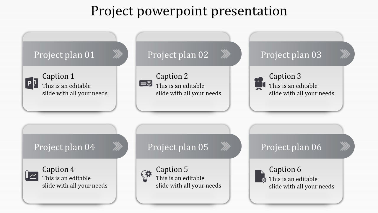 Project slide displaying six rounded rectangular elements with gradient headers, placeholder text areas.