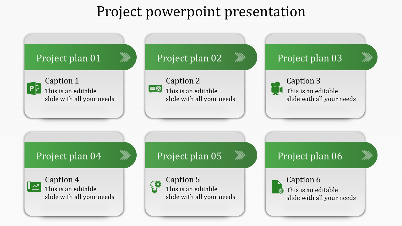 Green themed grid layout featuring six rectangular sections for project plans with icons and captions in a clean design.