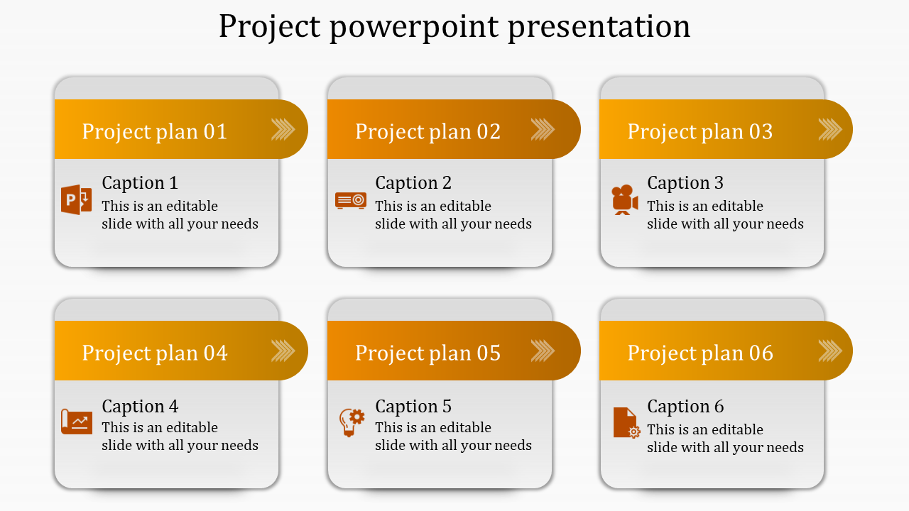 Project PPT slide with six project plan sections, each with icons for tasks like PowerPoint, presentation, and analytics.