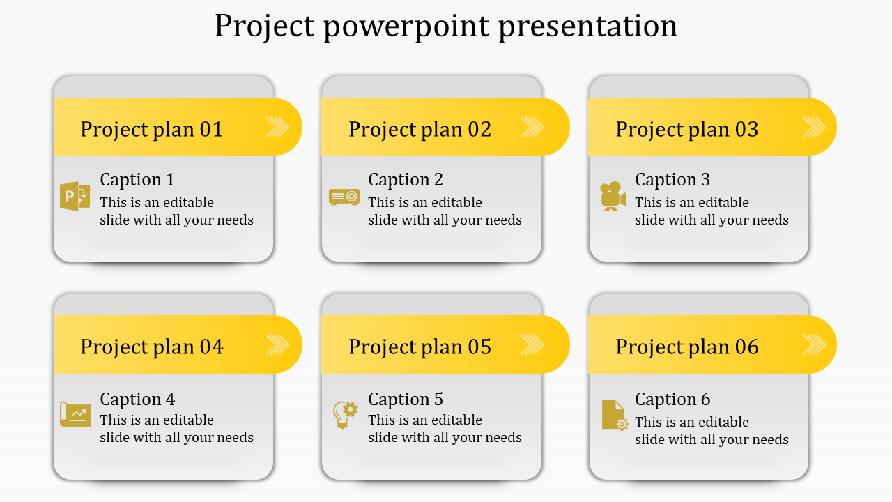 Project PowerPoint slide with six yellow project plan sections, each with icons and captions.