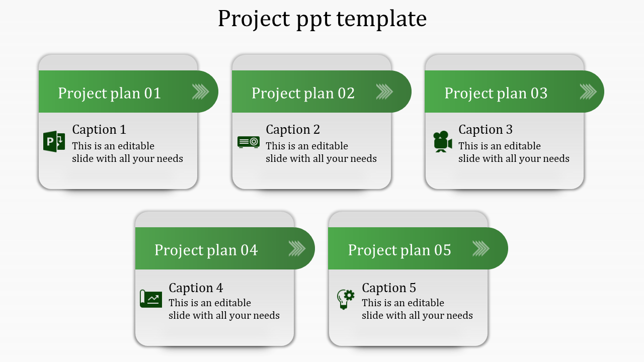 Project design showing five labeled sections in a grid format, with green headers, caption areas, and associated icons.