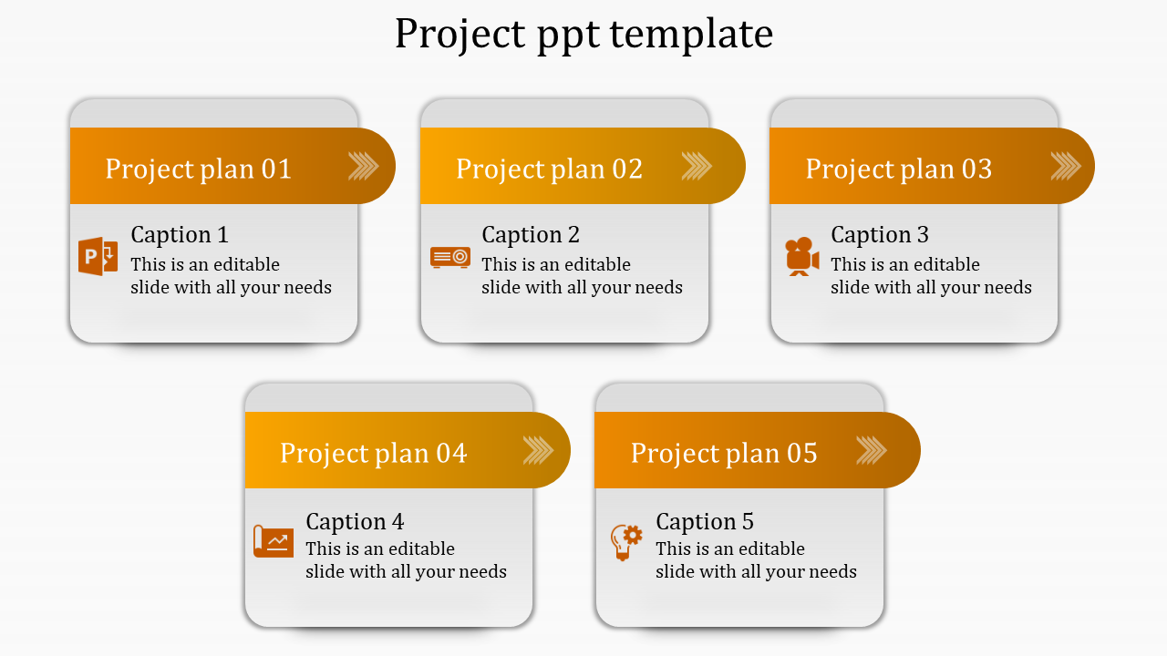 Five step project template in orange with rounded boxes for captions and icons in a structured layout.
