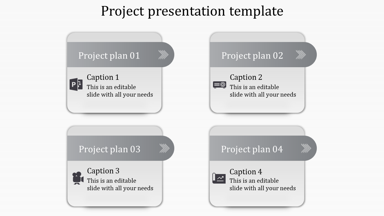 Project PPT template with four steps labeled Project Plan 01 to 04, featuring icons and caption sections for each task.