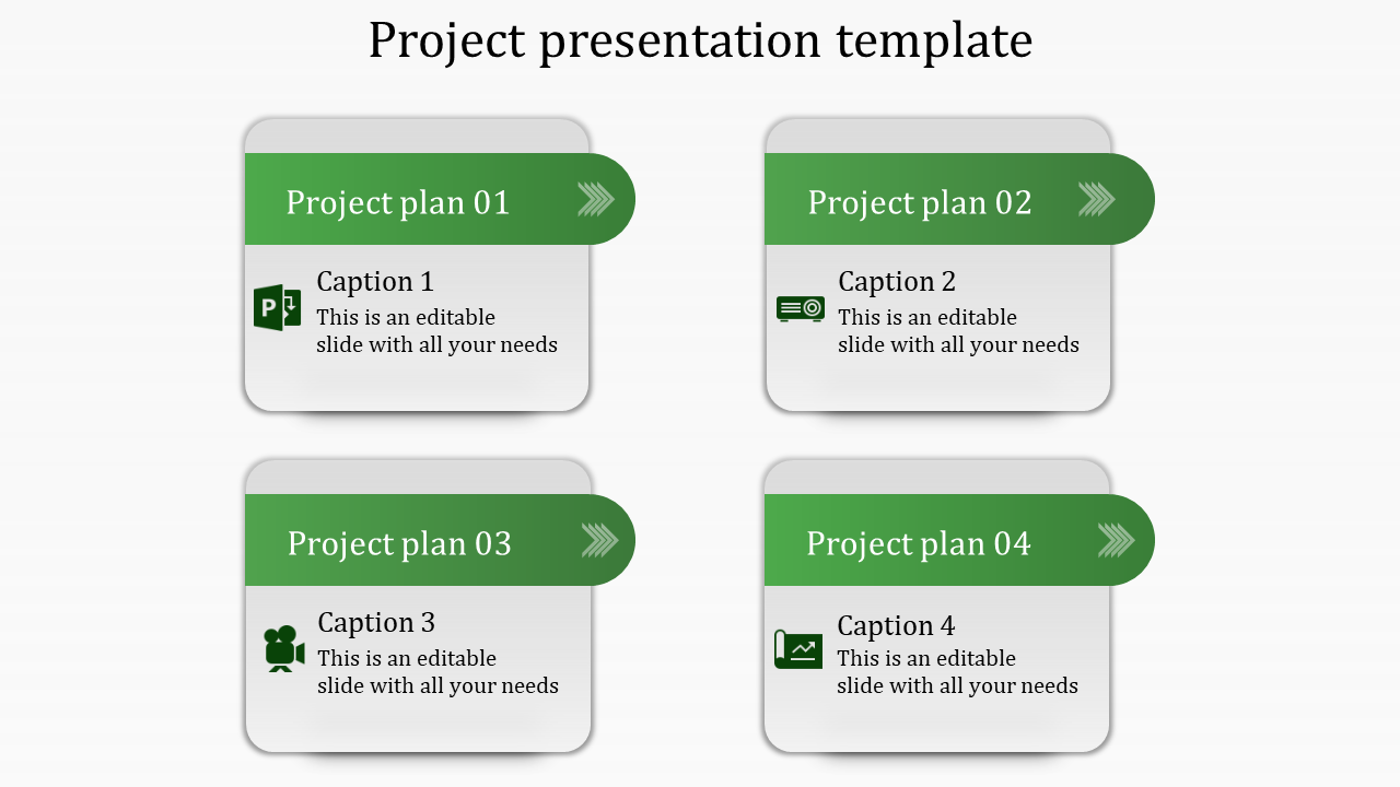 Project design showing four labeled sections in a grid format, with green headers, caption areas, and associated icons.