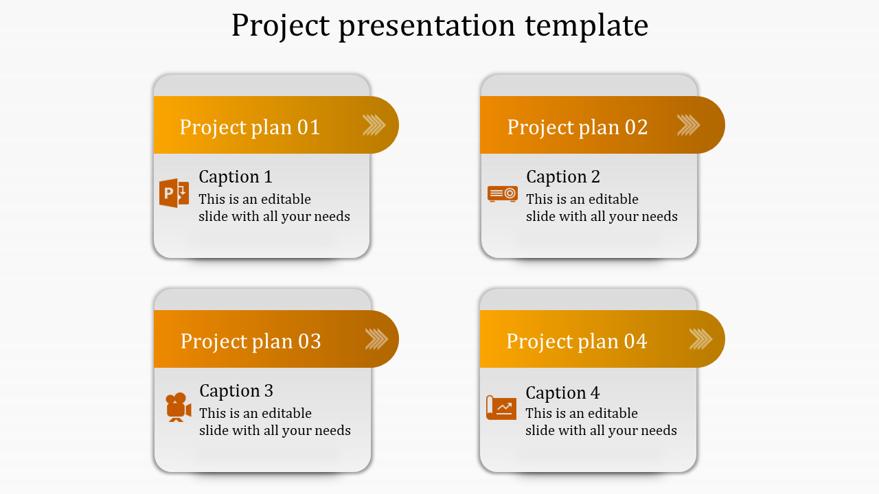 Project workflow template displaying four rounded rectangular boxes with bold orange headers, placeholder text areas.