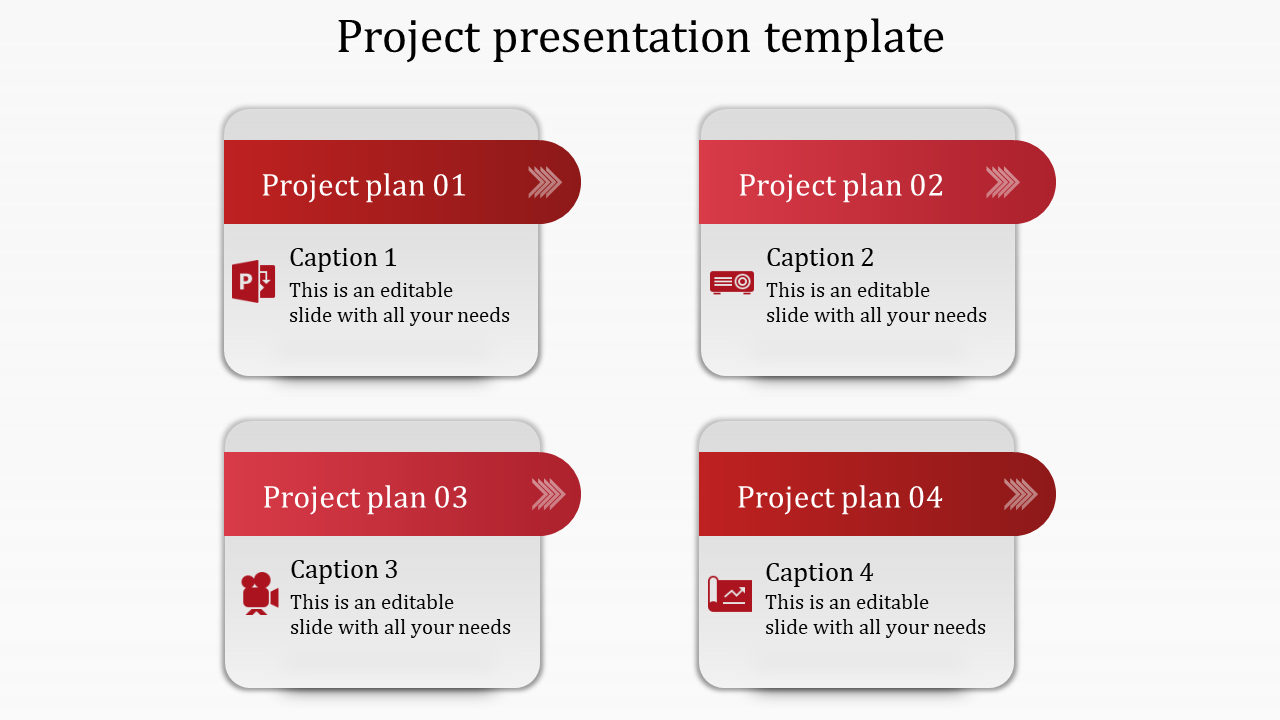 Project presentation template with four stages, each represented by a project plan box with arrows and captions.