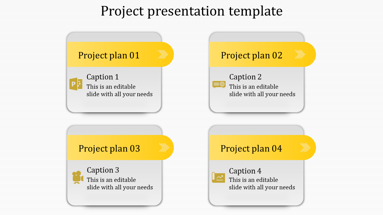 Project workflow template displaying four rounded rectangular boxes with bold yellow headers, placeholder text areas.
