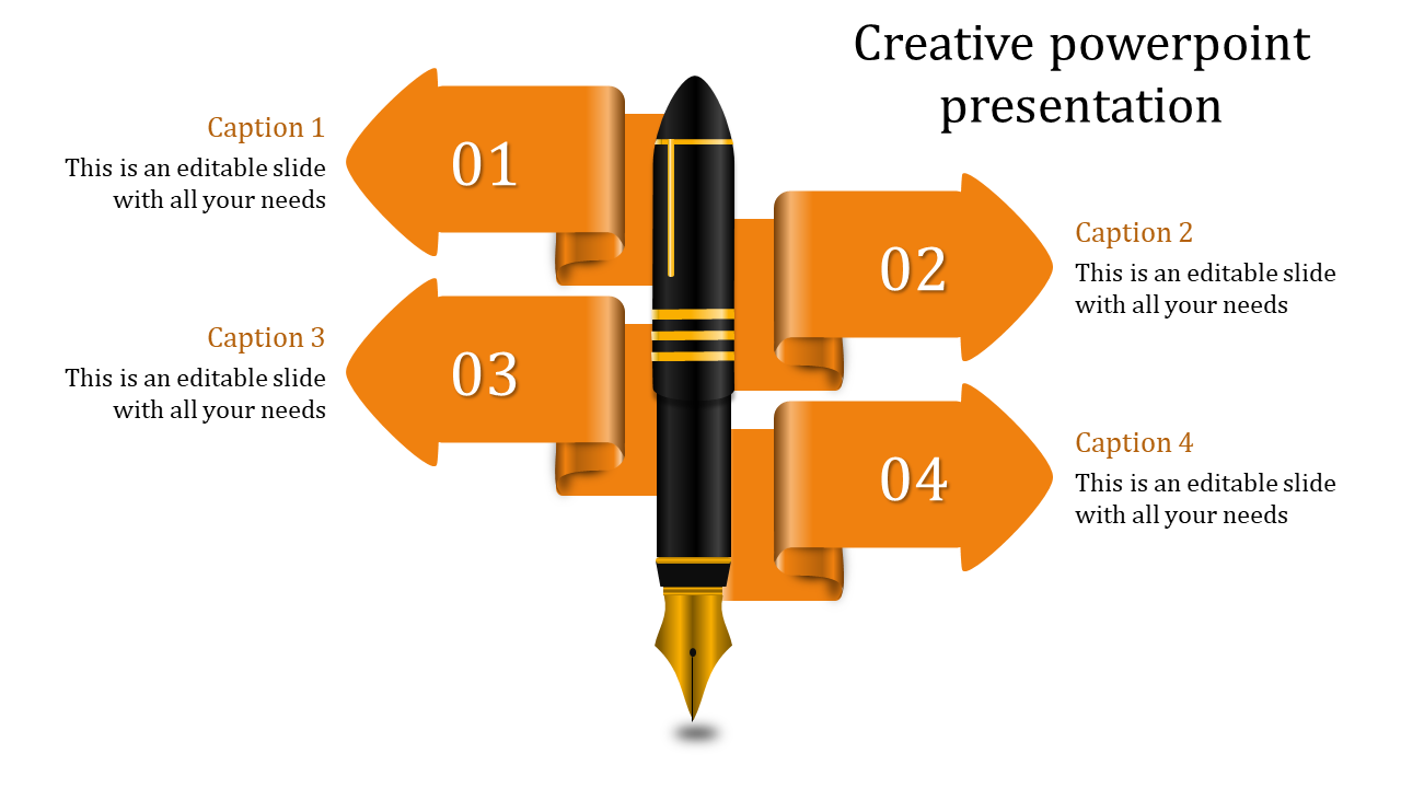 Creative PowerPoint template featuring a fountain pen surrounded by four orange arrows with sections labeled 1 to 4.