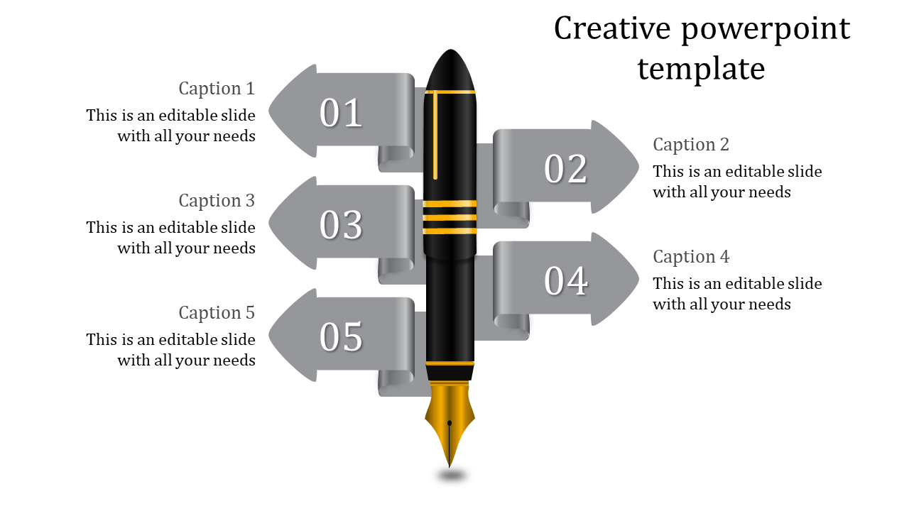 Creative PowerPoint template featuring a fountain pen surrounded by arrows numbered 01 to 05, with corresponding captions.
