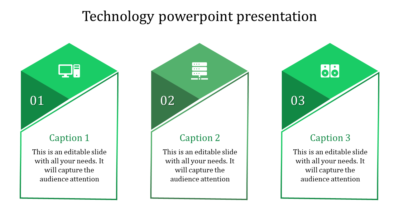 Technology PPT slide with three numbered green blocks representing computer, server, and speakers, each with captions.