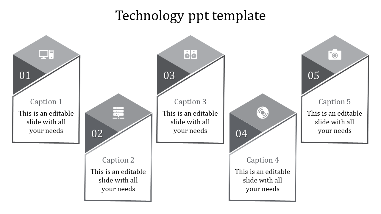 Slide with five gray pentagonal tiles numbered 01 to 05, each containing a technology related icon and caption.