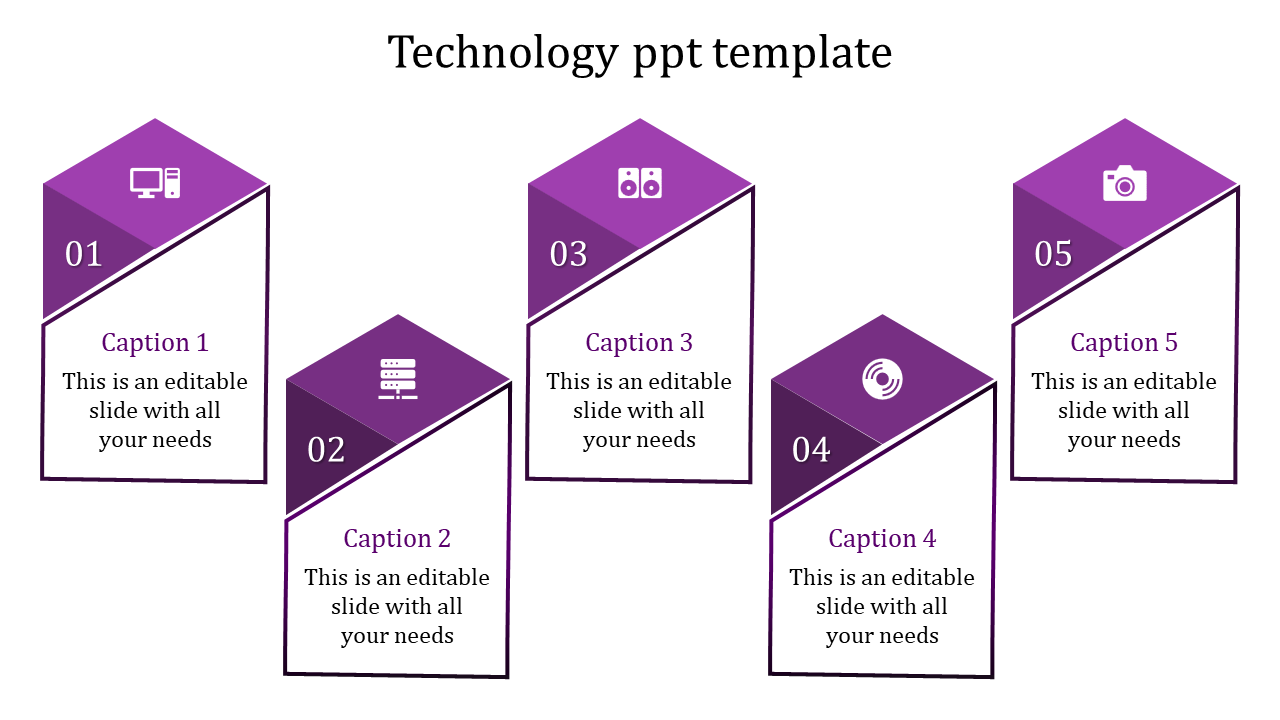 Purple technology PowerPoint template with five blocks, each featuring icons with captions.