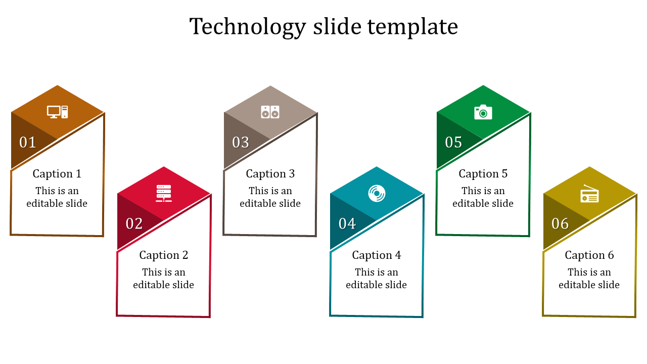 Colorful technology slide featuring six blocks with icons from computer to radio with captions.