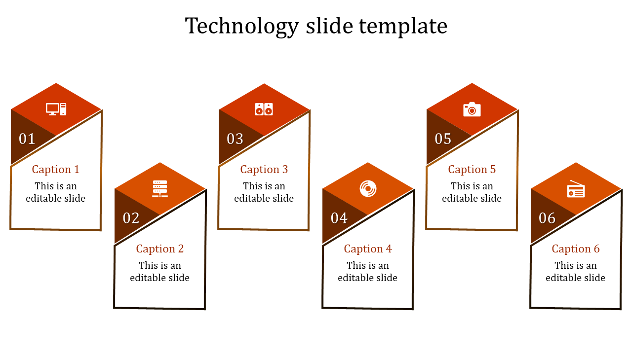 Technology design featuring six uniquely arranged pentagon blocks with numbered labels and tech-related icons. 